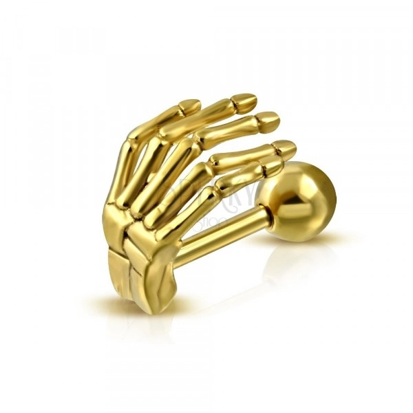 Ocelový piercing do ucha nebo obočí - kostra ruky v lesklém zlatém odstínu