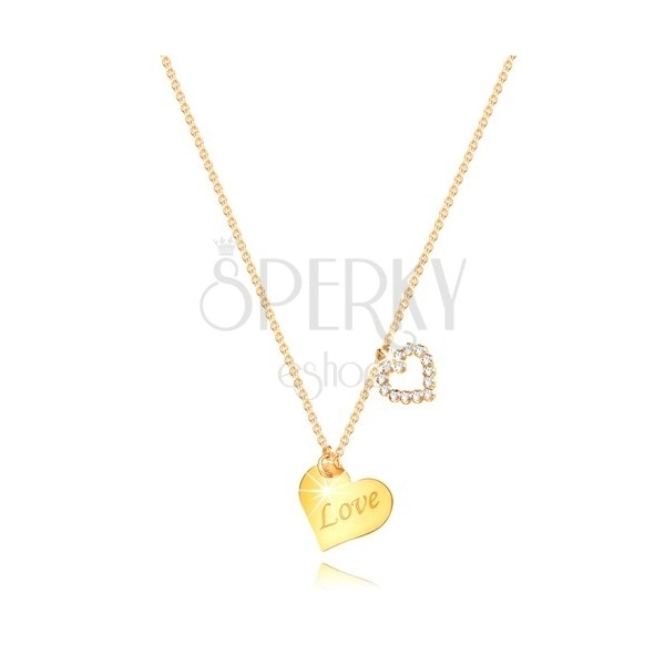 Náhrdelník z 9K žlutého zlata - srdce s nápisem "Love", obrys srdíčka se zirkony