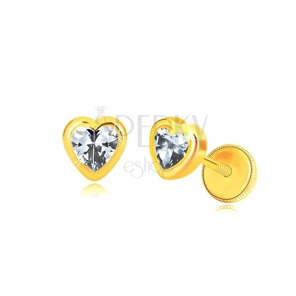 Náušnice ze žlutého zlata 585 - lesklý obrys symetrického srdce, srdíčkovitý zirkon
