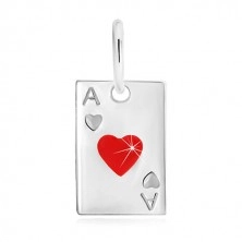 Přívěsek ze stříbra 925 - motiv hrací karty, srdcové eso a červená glazura