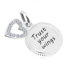 Stříbrný 925 přívěsek - kroužek s nápisem "Trust your wings", kontura srdce se zirkony