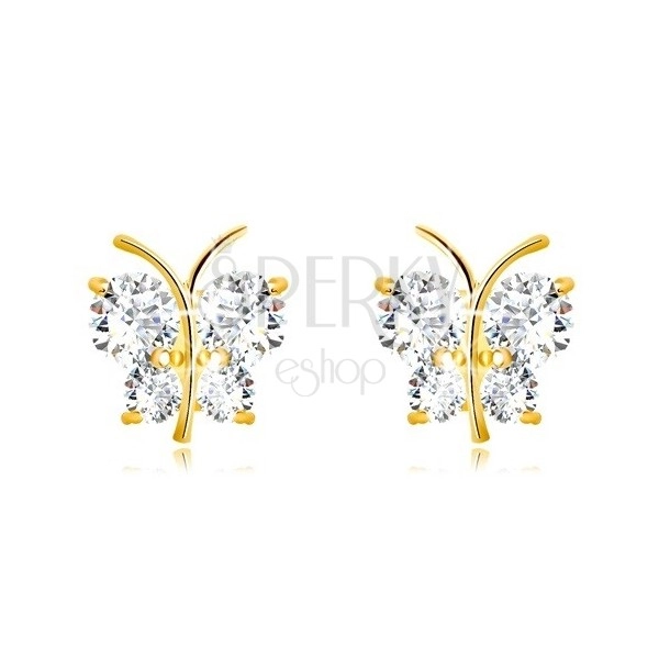 Zlaté 9K náušnice - lesklý motýl s třpytivými křídly, transparentní zirkony