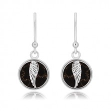 Stříbrné 925 náušnice - kruh s andělským křídlem, černá glazura s mramorovým vzorem