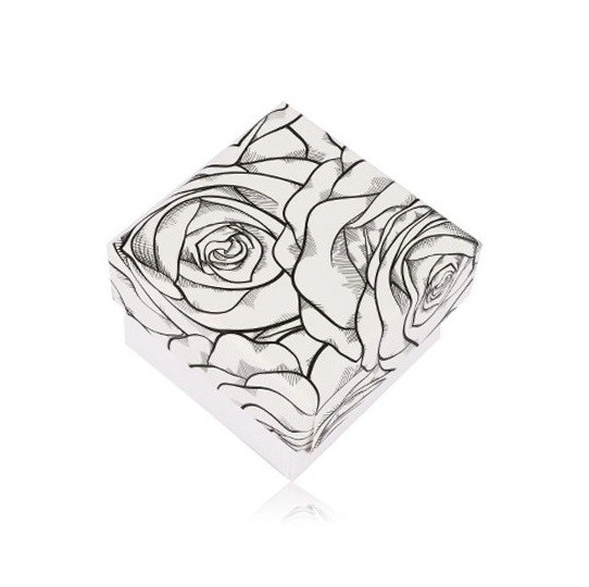 Levně Černobílá krabička na prsten nebo náušnice - motiv rozkvetlých růží