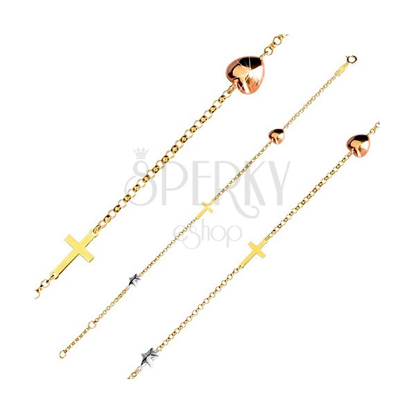 Náramek z kombinovaného zlata 375 - kulatá očka, srdíčko, hvězdička a křížek