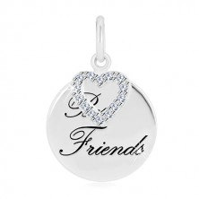 Stříbrný přívěsek 925 - lesklý kruh, nápis "Best Friends", kontura srdce se zirkony