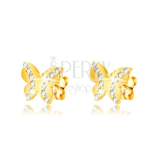 Náušnice ve žlutém zlatě 375 - lesklý motýl, dvě zaoblené zirkonové linie, puzetky