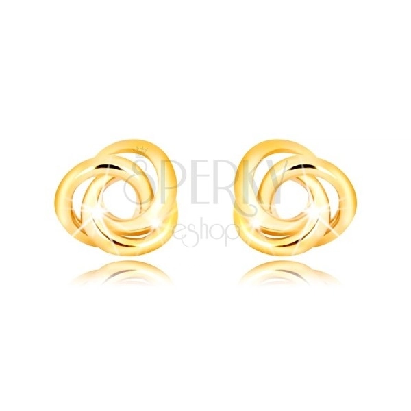 Náušnice ze žlutého zlata 375 - tři navzájem propletené prstence, puzetky se závitem