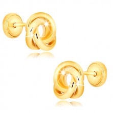 Náušnice ze žlutého zlata 375 - tři navzájem propletené prstence, puzetky se závitem
