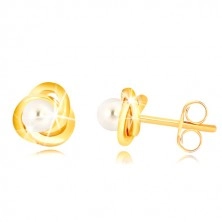 Náušnice ve žlutém 9K zlatě - tři propletené prstence, bílá sladkovodní perla, 3 mm