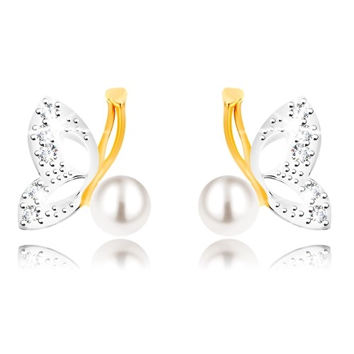 Náušnice v kombinovaném 9K zlatě - motýl s křídly v bílém zlatě, zirkony, perla