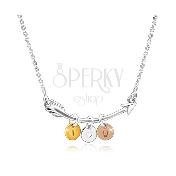 Stříbrný 925 náhrdelník - zahnutý šíp, trojbarevné kroužky "I HEART YOU"
