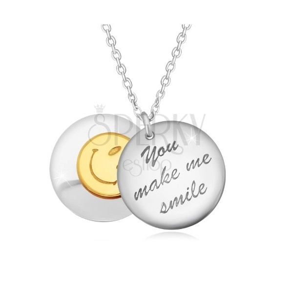 Stříbrný 925 náhrdelník - dva vypouklé kruhy, nápis "You make me smile", smajlík