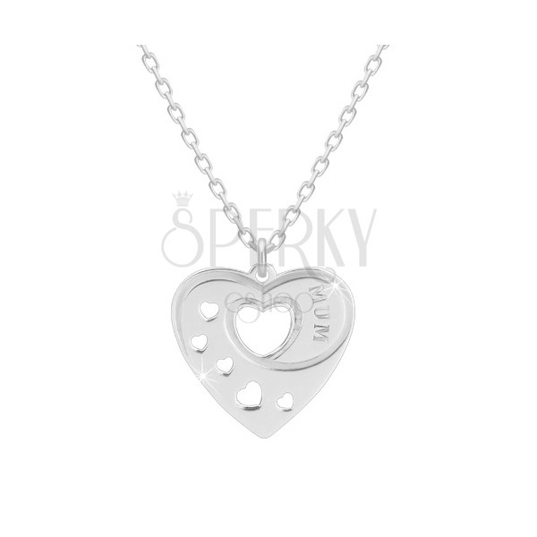 Stříbrný 925 náhrdelník - pravidelné srdce se srdíčkovými výřezy, nápis "MUM"