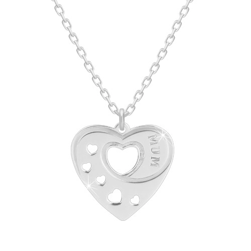 Stříbrný 925 náhrdelník - pravidelné srdce se srdíčkovými výřezy, nápis 