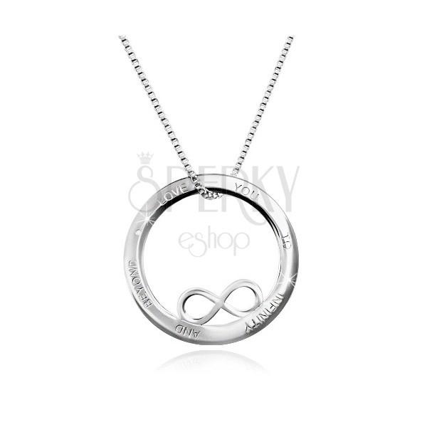 Stříbrný 925 náhrdelník - kontura kruhu se symbolem nekonečna, nápis, hranatý řetízek