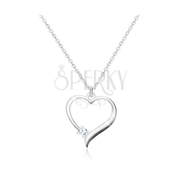 Stříbrný 925 náhrdelník - obrys souměrného srdce, třpytivý transparentní zirkon