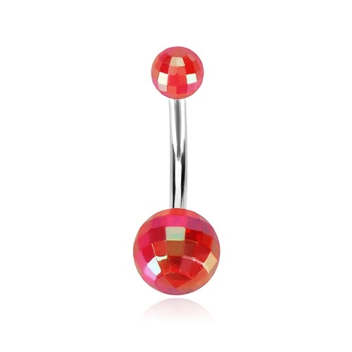 Piercing do pupíku - akrylové disko koule v červeném odstínu, duhové odlesky