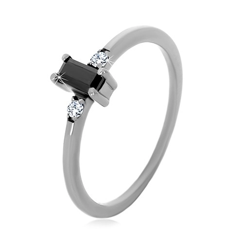 Stříbrný 925 prsten - obdélníkový zirkon černé barvy, čiré kulaté zirkony - Velikost: 49