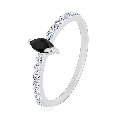 Stříbrný 925 prsten - úzká ramena, zirkonové zrnko černé barvy, čiré zirkonky - Velikost: 60