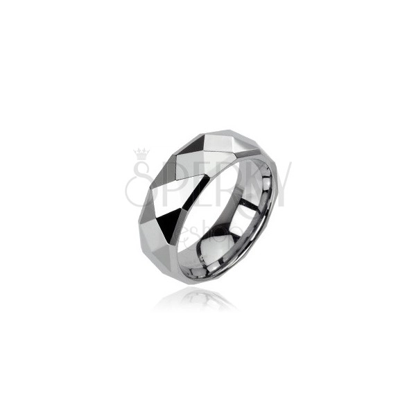 Wolframový prsten stříbrné barvy s broušenými kosočtverci, 6 mm