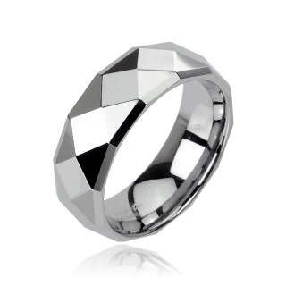 Wolframový prsten stříbrné barvy s broušenými kosočtverci, 6 mm - Velikost: 52