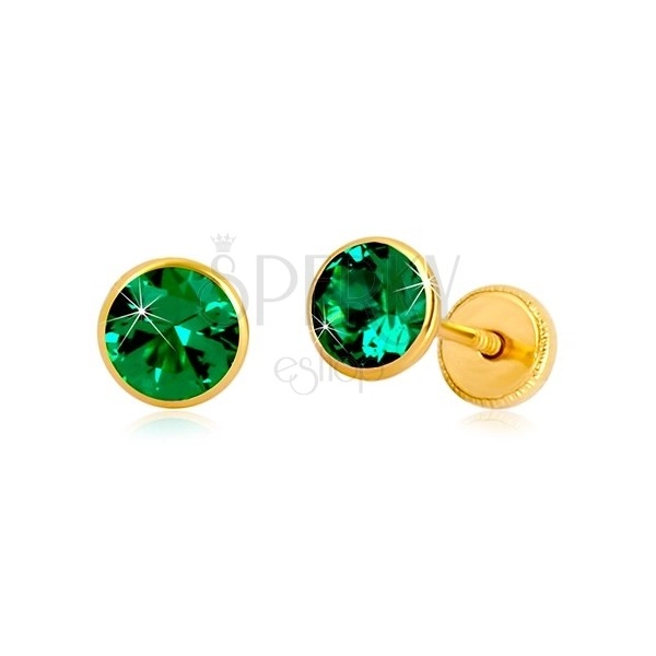 Zlaté 14K náušnice - smaragdově zelený zirkon v objímce, puzetky se závitem, 5 mm