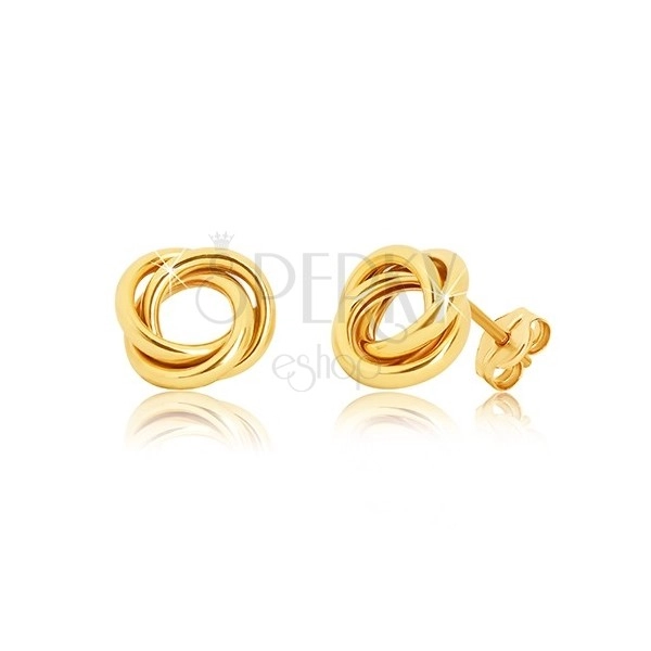 Puzetové náušnice ze žlutého zlata 375 - tři lesklé propletené prstence
