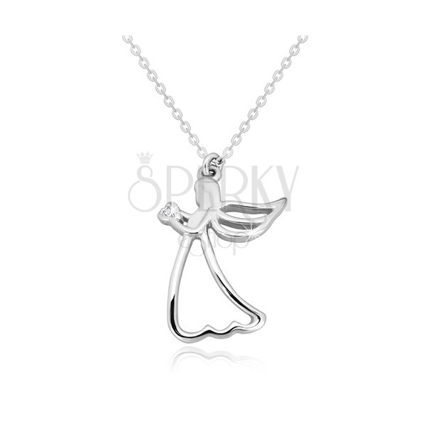 Stříbrný 925 náhrdelník - vyřezávaný anděl se srdíčkem, čirý diamant