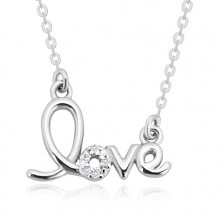 Stříbrný náhrdelník 925 - ozdobně tvarovaný nápis "love", blýskavé brilianty