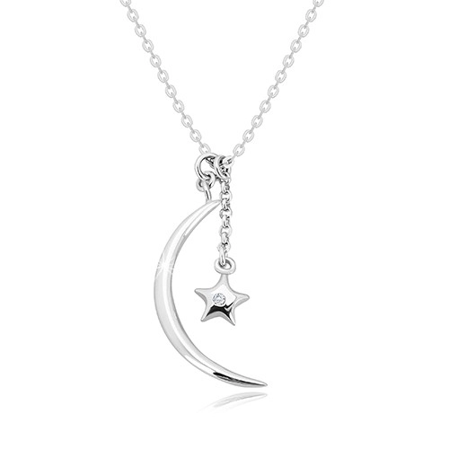 Levně Diamantový náhrdelník, stříbro 925 - lesklý půlměsíc a hvězda s briliantem