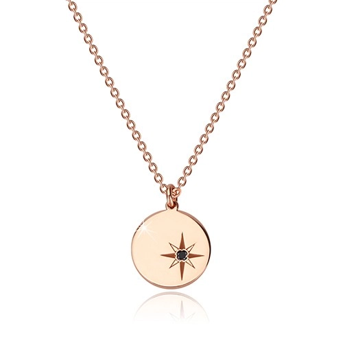 Stříbrný 925 náhrdelník růžovozlaté barvy - lesklý kruh, severní hvězda, černý diamant