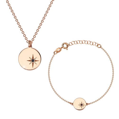 Levně Stříbrná sada 925, růžovozlatý odstín - náramek a náhrdelník, kruh, Polárka a diamant