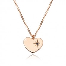 Stříbrný náhrdelník 925, růžovozlatý odstín - symetrické srdce, Polárka, černý diamant