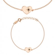 Stříbrný 925 set růžovozlaté barvy - náramek a náhrdelník, srdce s Polárkou a diamantem
