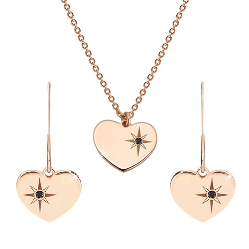 Levně Sada růžovozlaté barvy, stříbro 925 - náušnice a náhrdelník, srdce s Polárkou a diamant