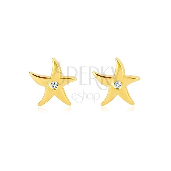 Náušnice ze žlutého zlata 375 - mořská hvězdice, čirý kulatý zirkon, puzetky