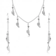 Stříbrná 925 sada - náušnice a náhrdelník, andělská křídla a kuličky na řetízku