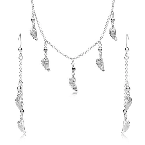 Levně Stříbrná 925 sada - náušnice a náhrdelník, andělská křídla a kuličky na řetízku