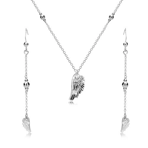 Levně Stříbrný set 925 - náušnice a náhrdelník, andělské křídlo a lesklé kuličky