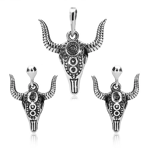 Levně Stříbrná 925 sada - přívěsek a náušnice, hlava býka s ornamenty a patinou