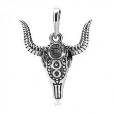 Stříbrná 925 sada - přívěsek a náušnice, hlava býka s ornamenty a patinou
