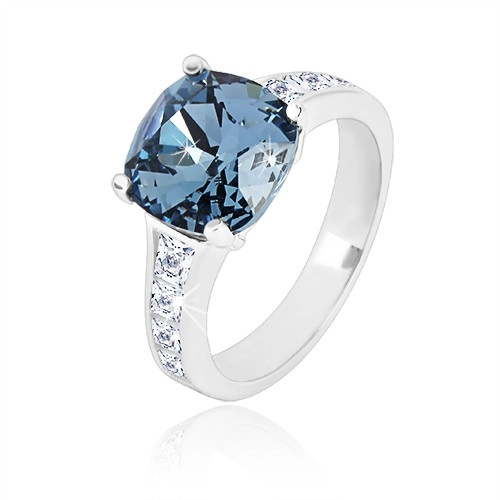 Stříbrný prsten 925 - zirkonový čtverec tmavě modré barvy a čiré zirkony - Velikost: 60