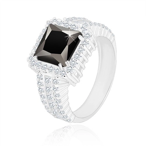 Stříbrný prsten 925 - černý zirkonový čtverec, čirý zirkonový lem a ramena - Velikost: 49