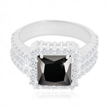 Stříbrný prsten 925 - černý zirkonový čtverec, čirý zirkonový lem a ramena