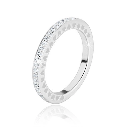 Prsten ze stříbra 925 - čiré blýskavé zirkonky, drobné srdíčkové výřezy - Velikost: 49