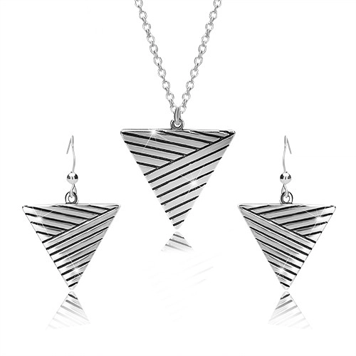 Sada ze stříbra 925 - náhrdelník a náušnice, obrácený trojúhelník s patinovanými liniemi