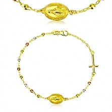 Náramek zlaté barvy ze stříbra 925 - trojbarevné kuličky, medailon a kříž