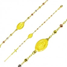 Náramek zlaté barvy ze stříbra 925 - trojbarevné kuličky, medailon a kříž