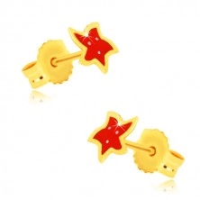 Zlaté náušnice 14K - hvězda s pěti cípy, červenou glazurou a bílými tečkami